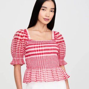 Marie Oliver Cherry Check Oaklee Top Red White Puff Sleeve Peplum, Medium